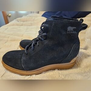 Sorel Black Suede Lace-Up Wedge Ankle Boots with Tan Rubber Sole